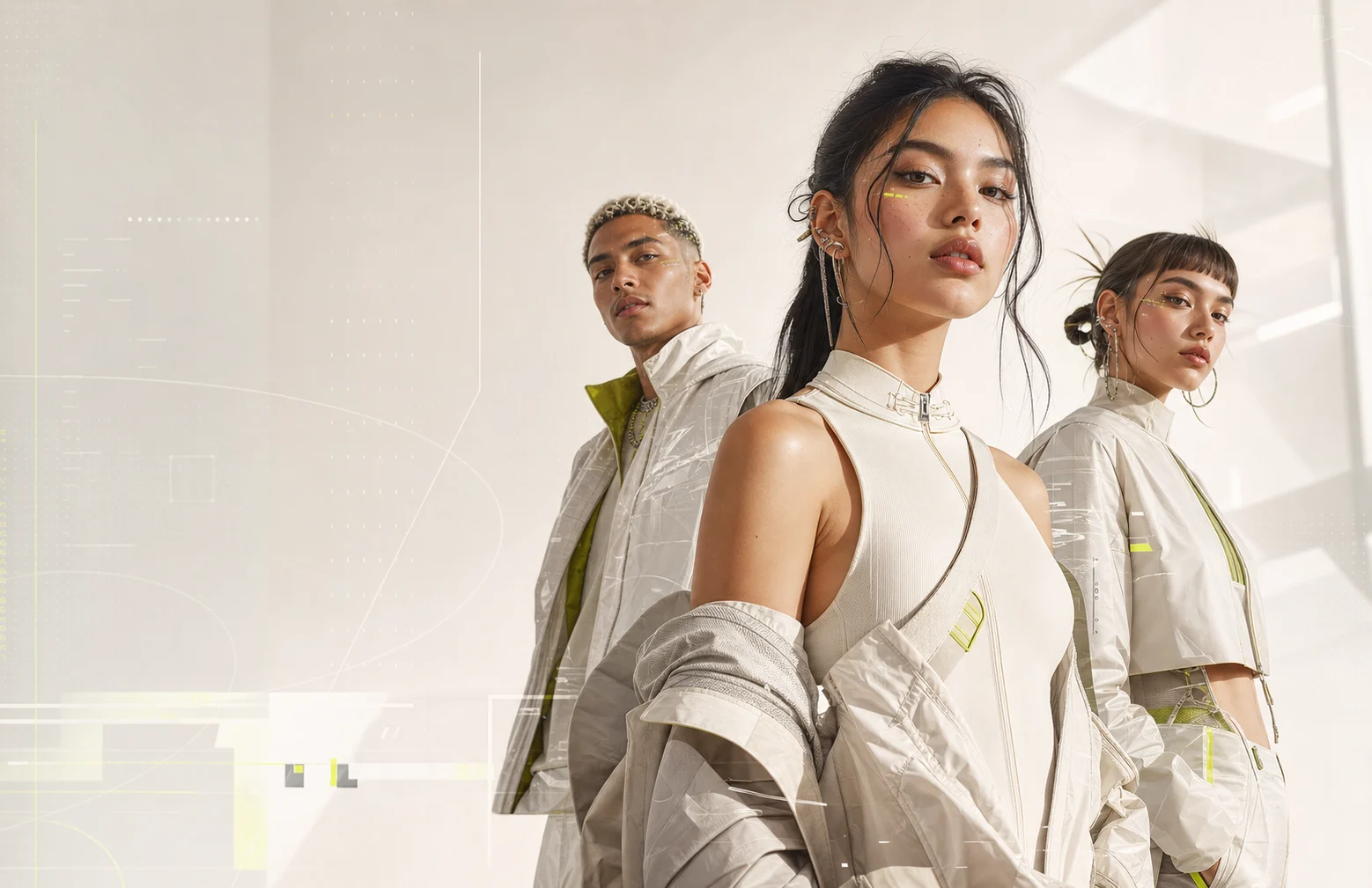 Three fictional next-generation digital influencers in a luminous editorial studio