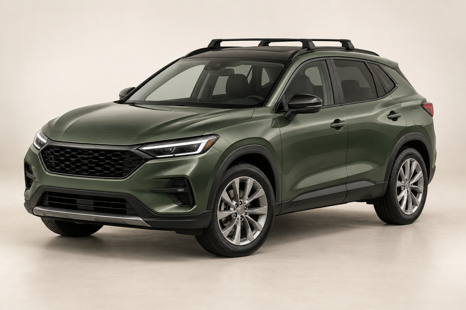 Illustrative Sage green crossover with black roof bars in an ivory studio.