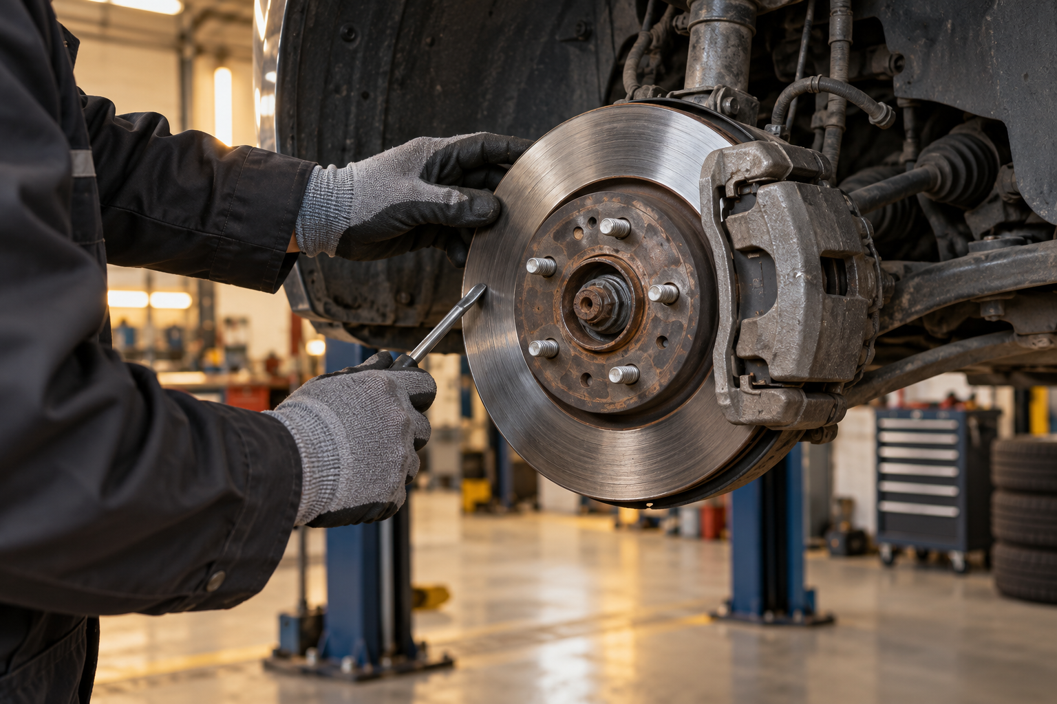 Illustrative workshop photograph of a technician inspecting a front brake assembly.