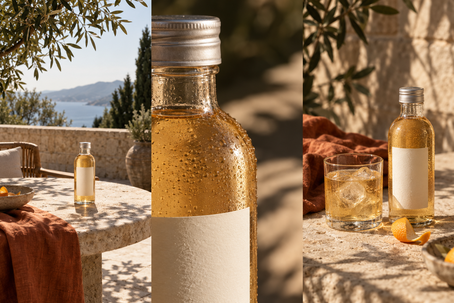 Three proposed beverage campaign frames: a bottle on a sunlit terrace, its glass and label in close-up, and the bottle beside a serving glass.