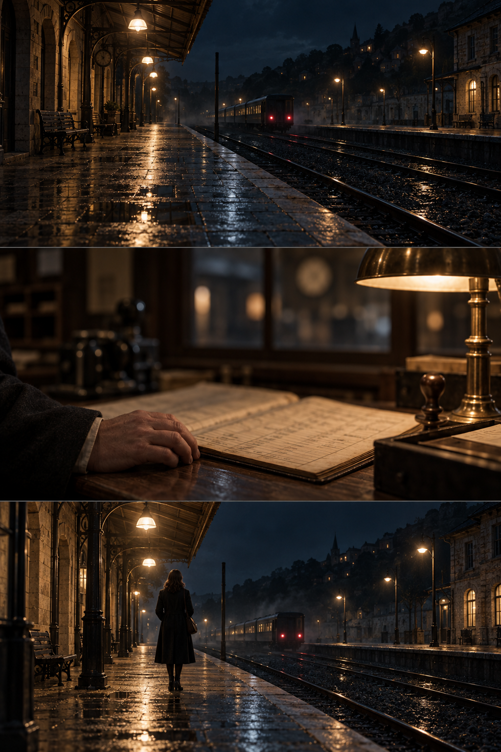Generated source-frame example: an empty, rain-wet station platform at night, with a train in the distance.