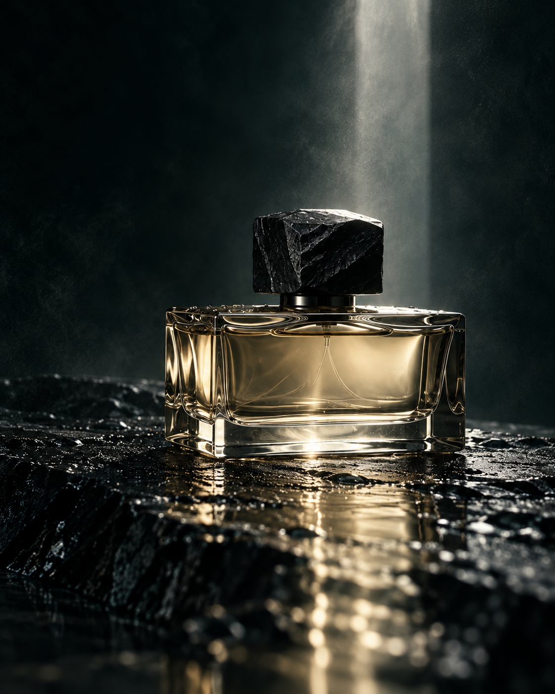 A second composition: the same style of perfume bottle under a silver shaft of light.