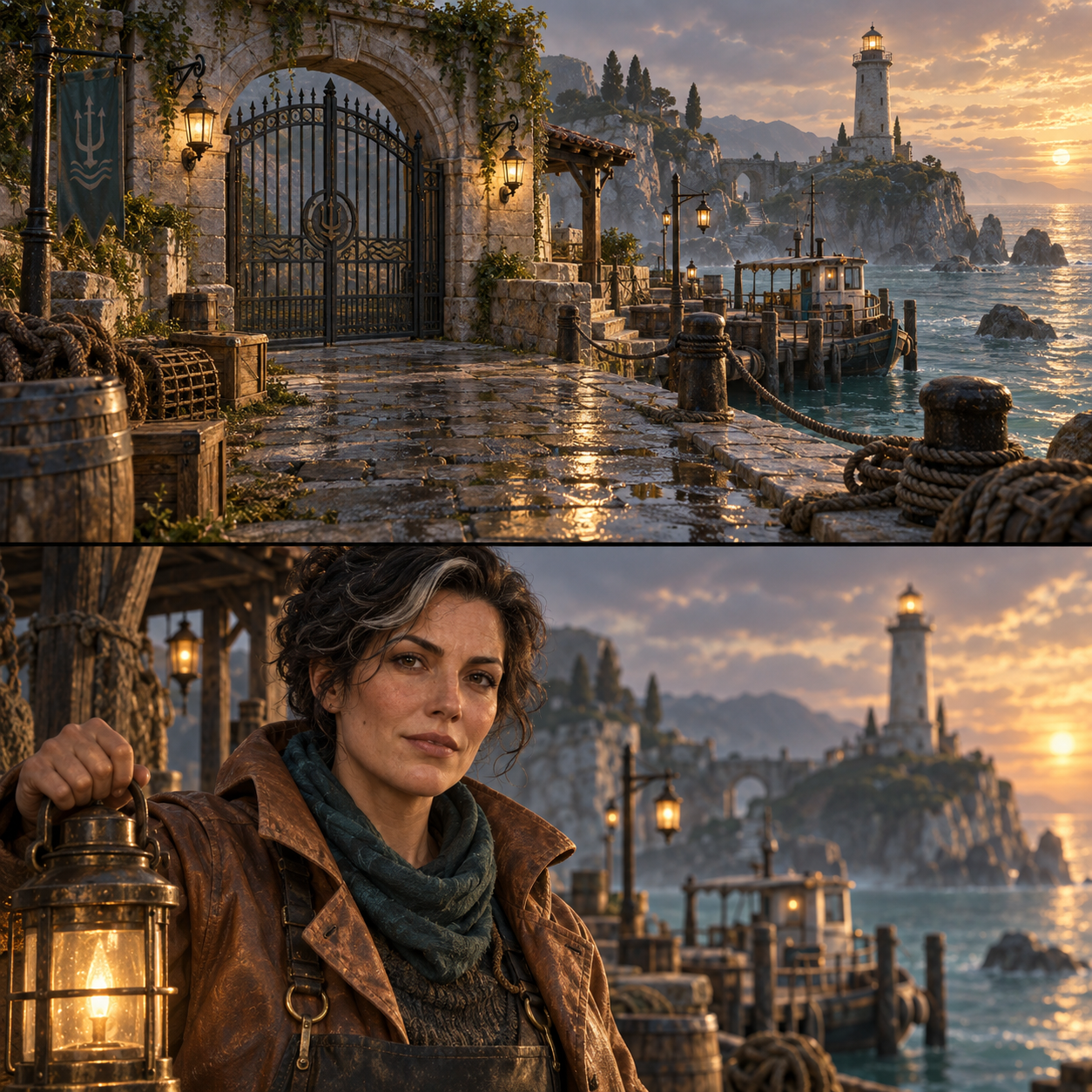 Generated fictional harbor keeper Mara holding a lantern, with the harbor behind her.