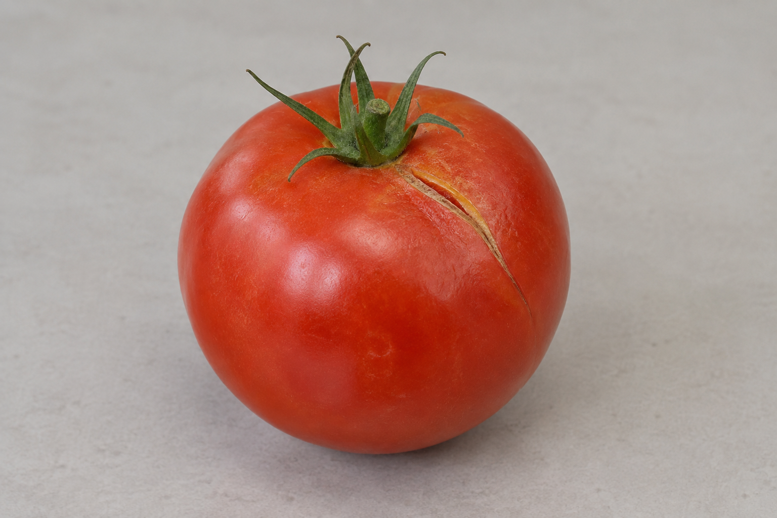 Illustrative generated photo of a tomato with a visible split near its shoulder
