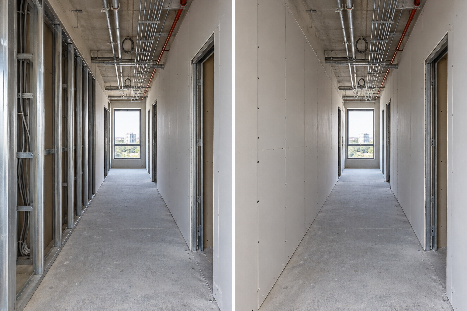 Two AI-generated example corridor views: exposed wall studs in the earlier frame and additional plasterboard in the later frame.