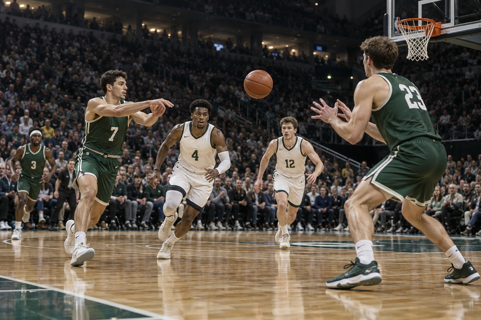 Illustrative basketball frame: green number 7 passes toward green number 23.