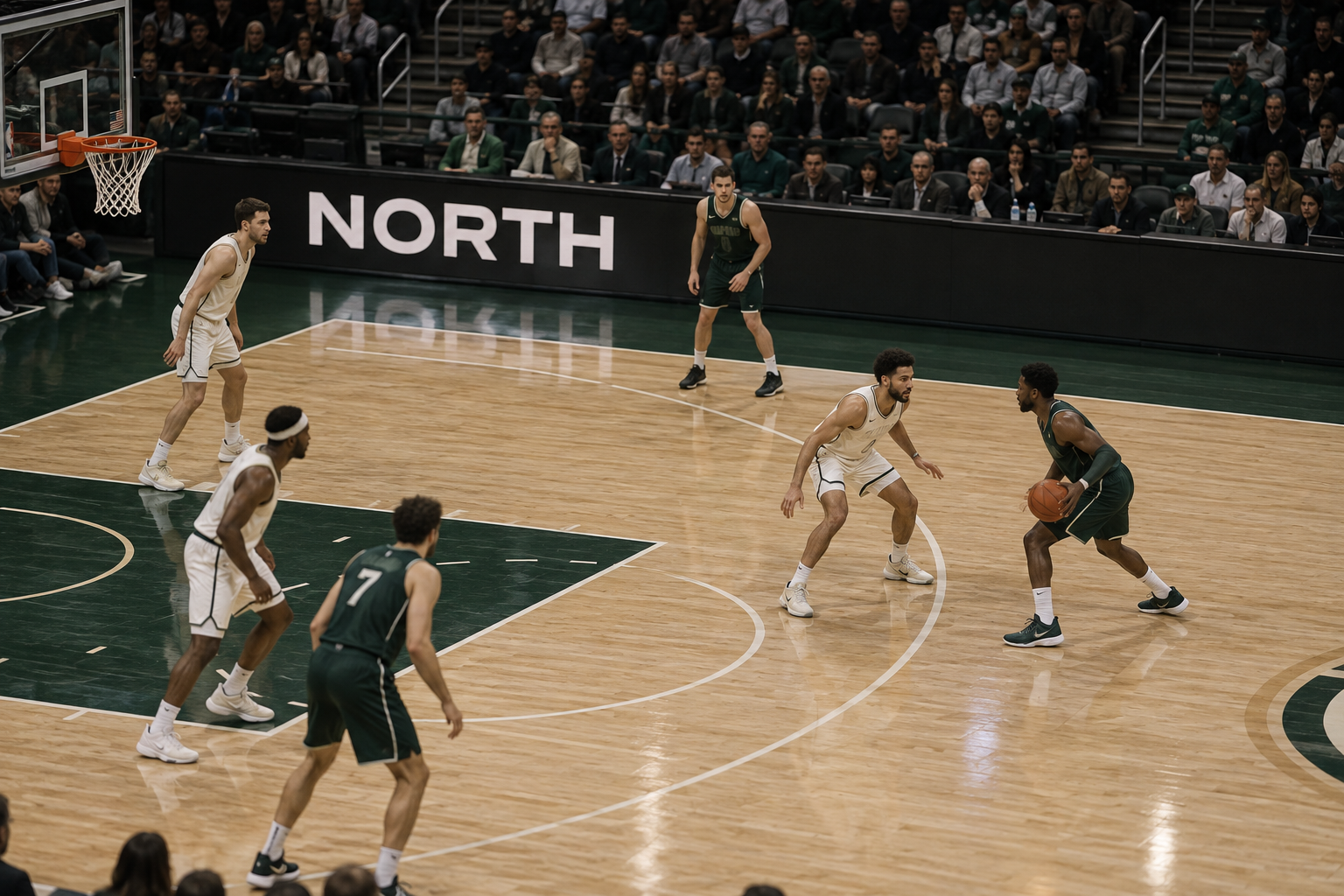 Illustrative basketball frame with a NORTH sponsor sign on the courtside board.