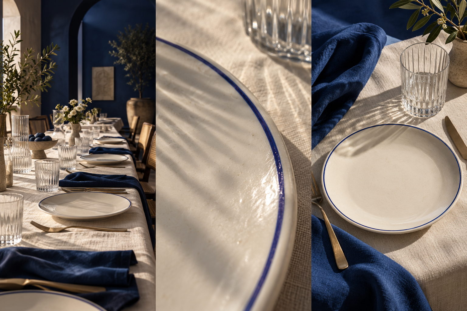 Three proposed campaign frames: an ivory and cobalt table setting, a close view of the plate glaze, and the final place setting.